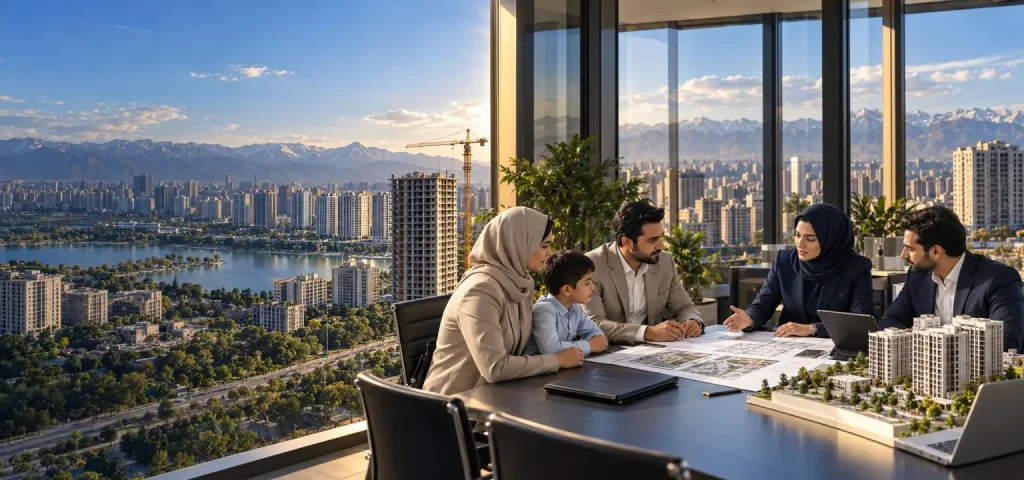 خانواده در حال بررسی خرید پروژه مسکونی با کارشناسان مرکز مسکن